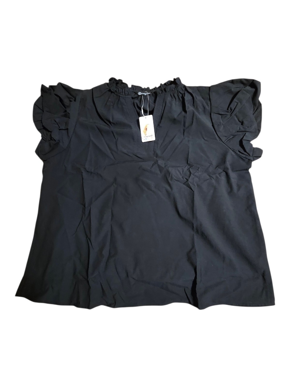 PrettyGardrn Ruffle Sleeve Black Blouse with Gathered Neckline